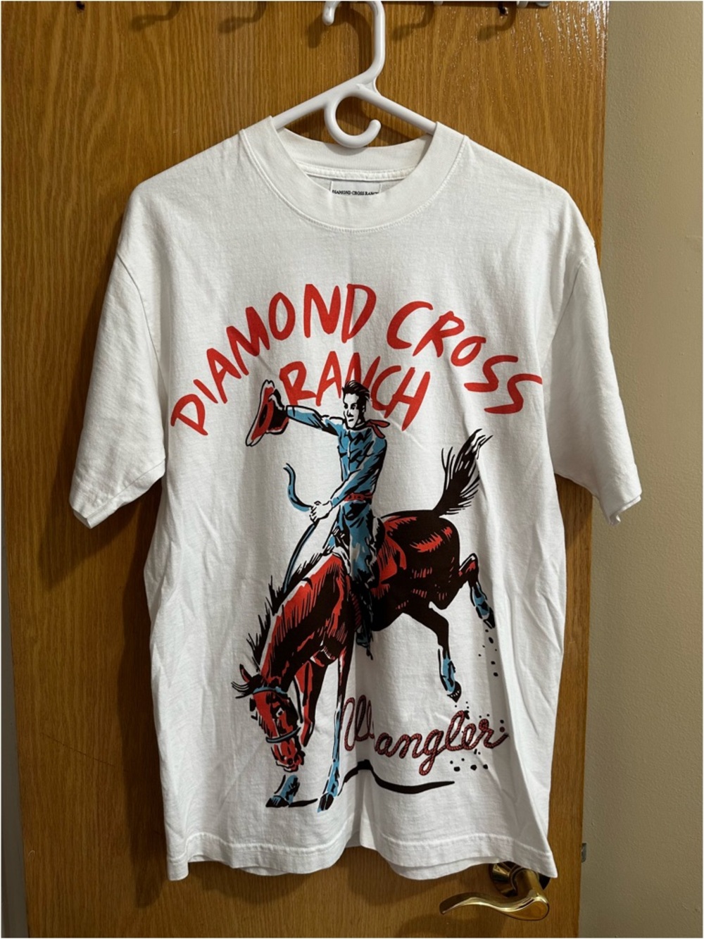 Wrangler White Tee with Red and Blue Rodeo Graphic